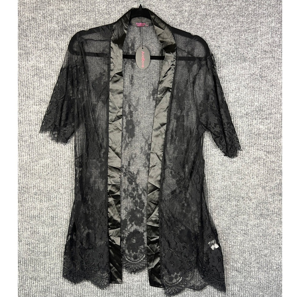 Avidlove Black Lace Satin Robe Medium Goth Dark Romantic Lingerie NWT Aesthetic